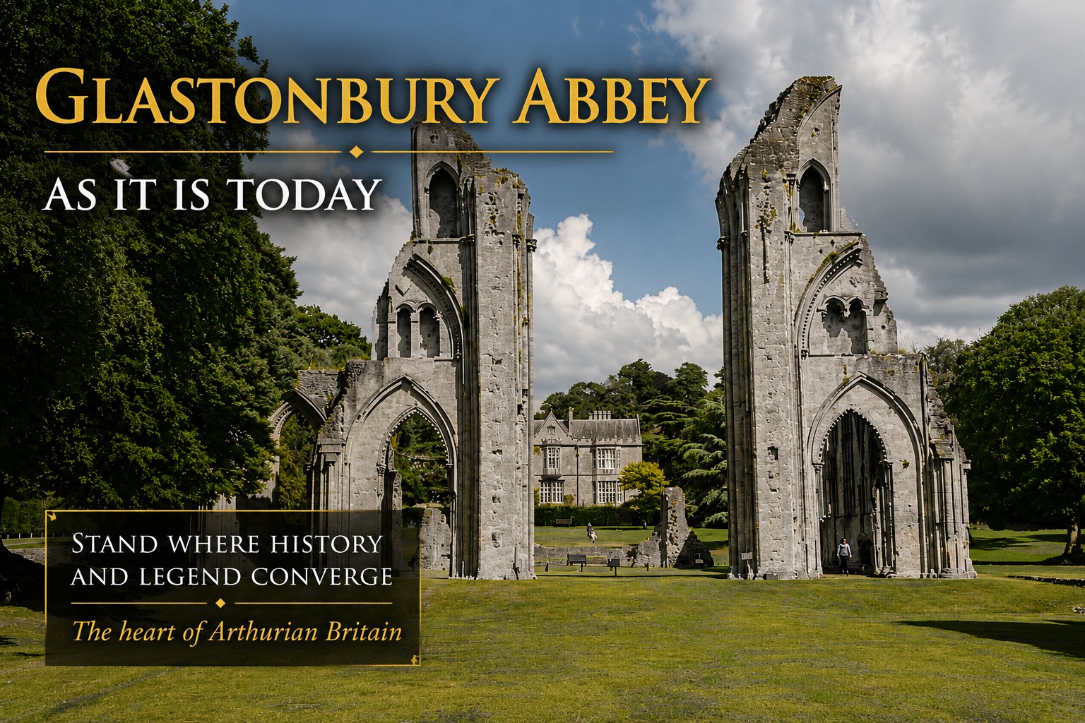 Glastonbury Abbey ruins today with Gothic arches and historic site linked to King Arthur legend in Somerset England