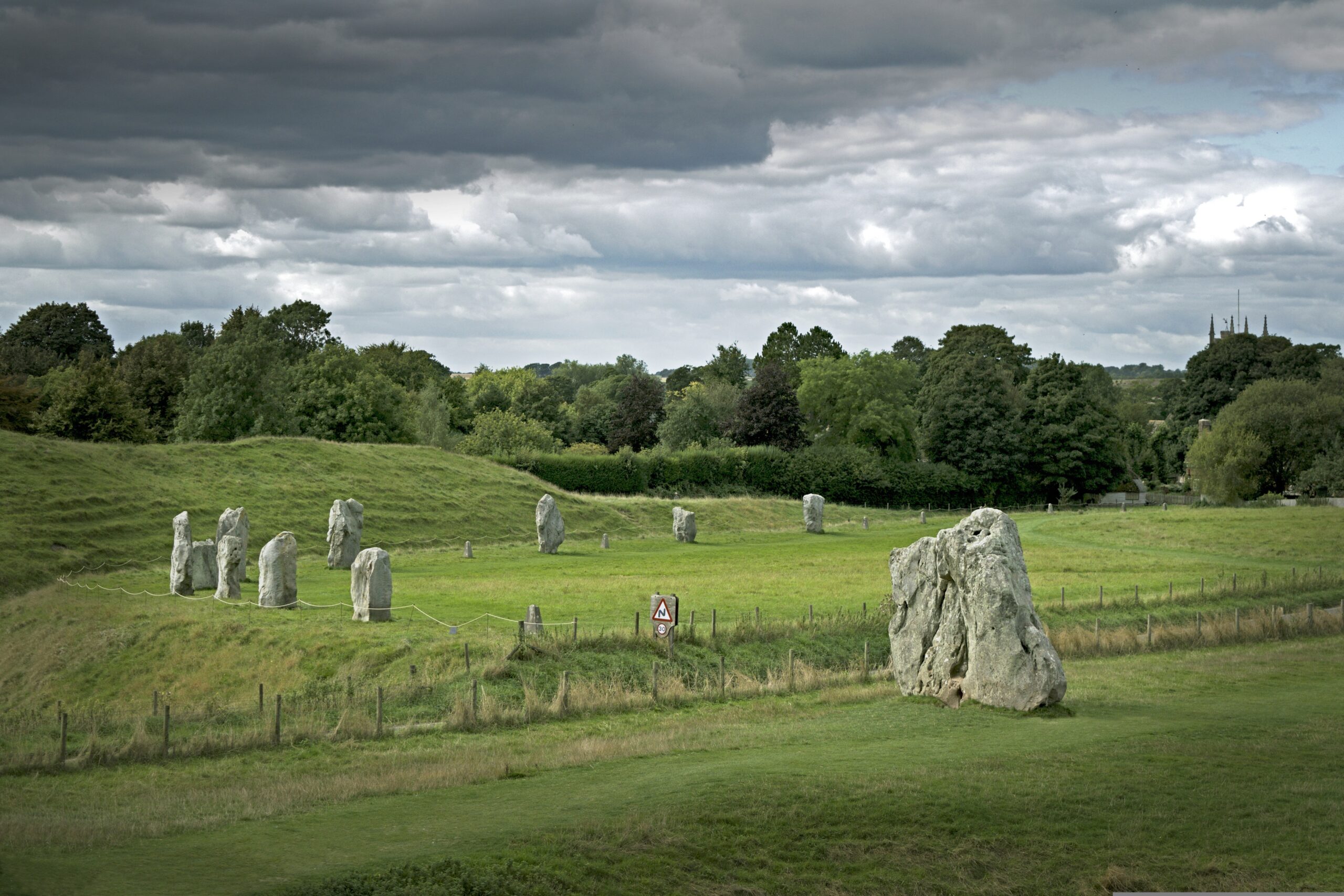 Avebury Stone Circle landscape with standing stones in Wiltshire countryside