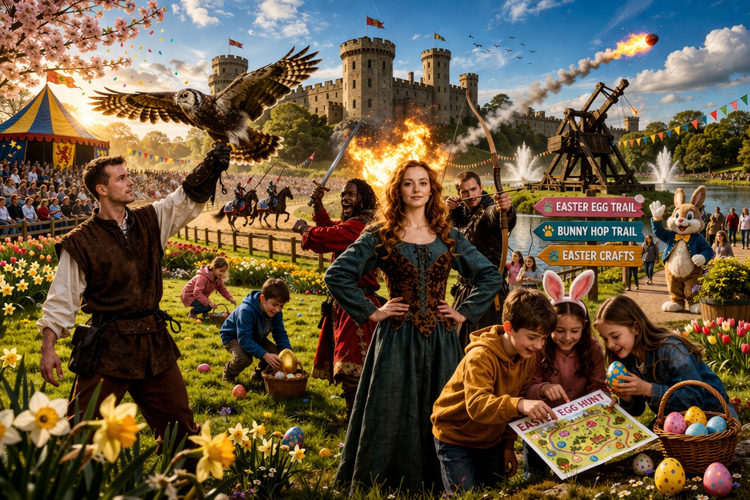Easter family activities at Warwick Castle with egg hunt, falconry display and medieval reenactments in Britain