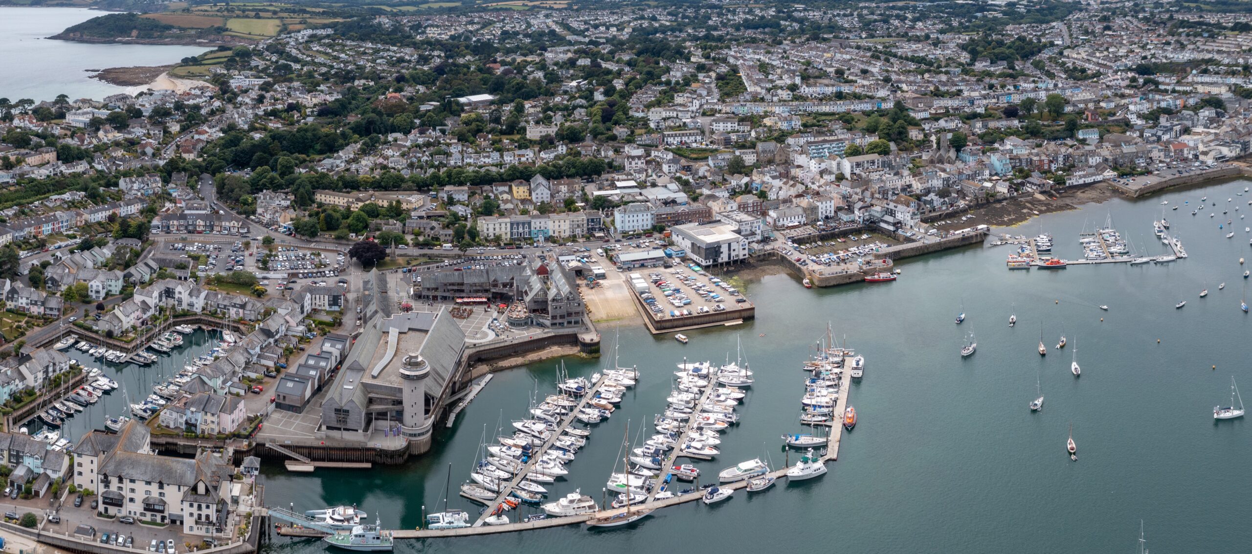 Aerial view of Falmouth harbour Cornwall with National Maritime Museum and marina boats