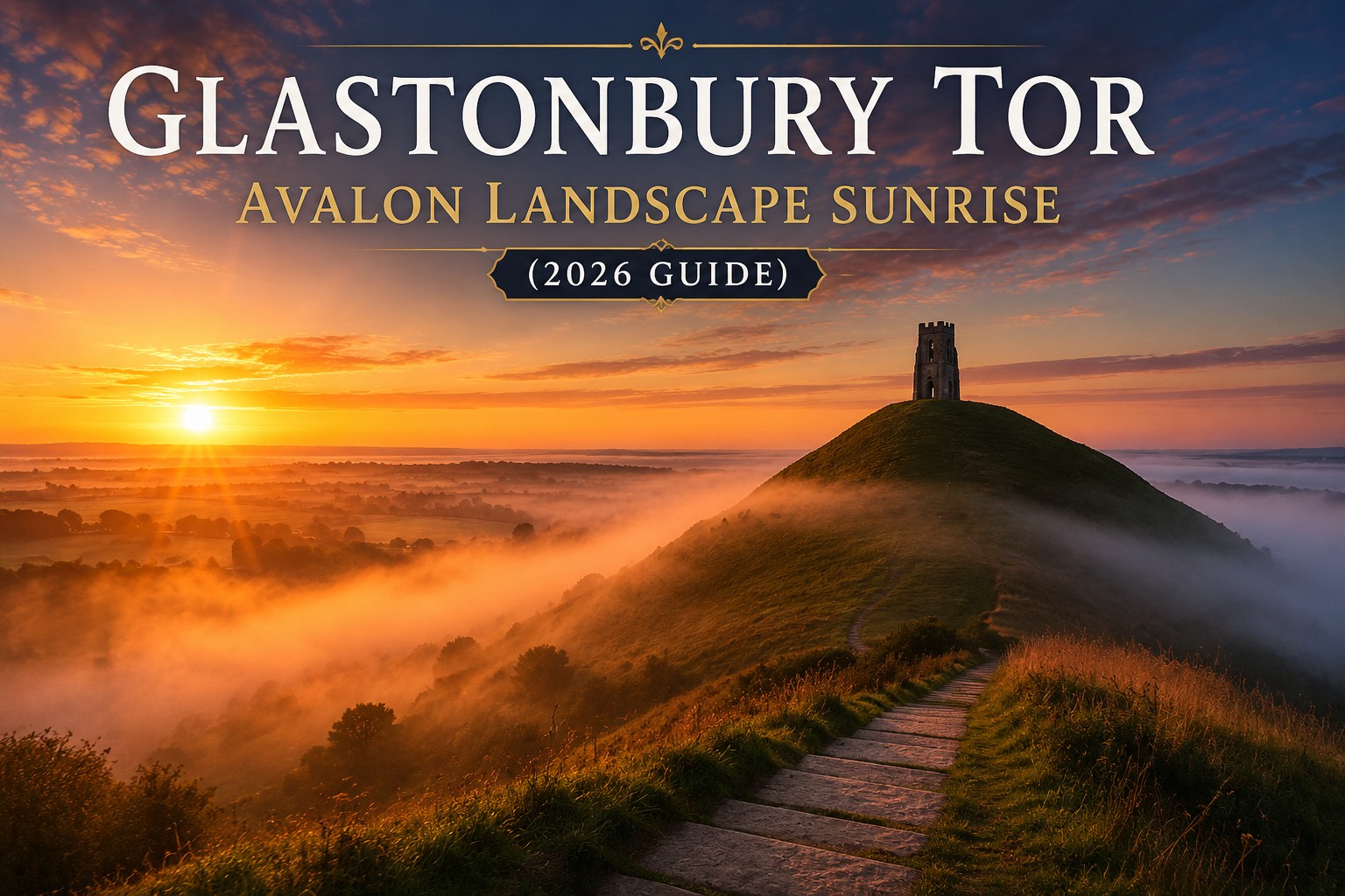 Glastonbury Tor at sunrise in mist, Somerset landscape linked to Avalon and King Arthur legend