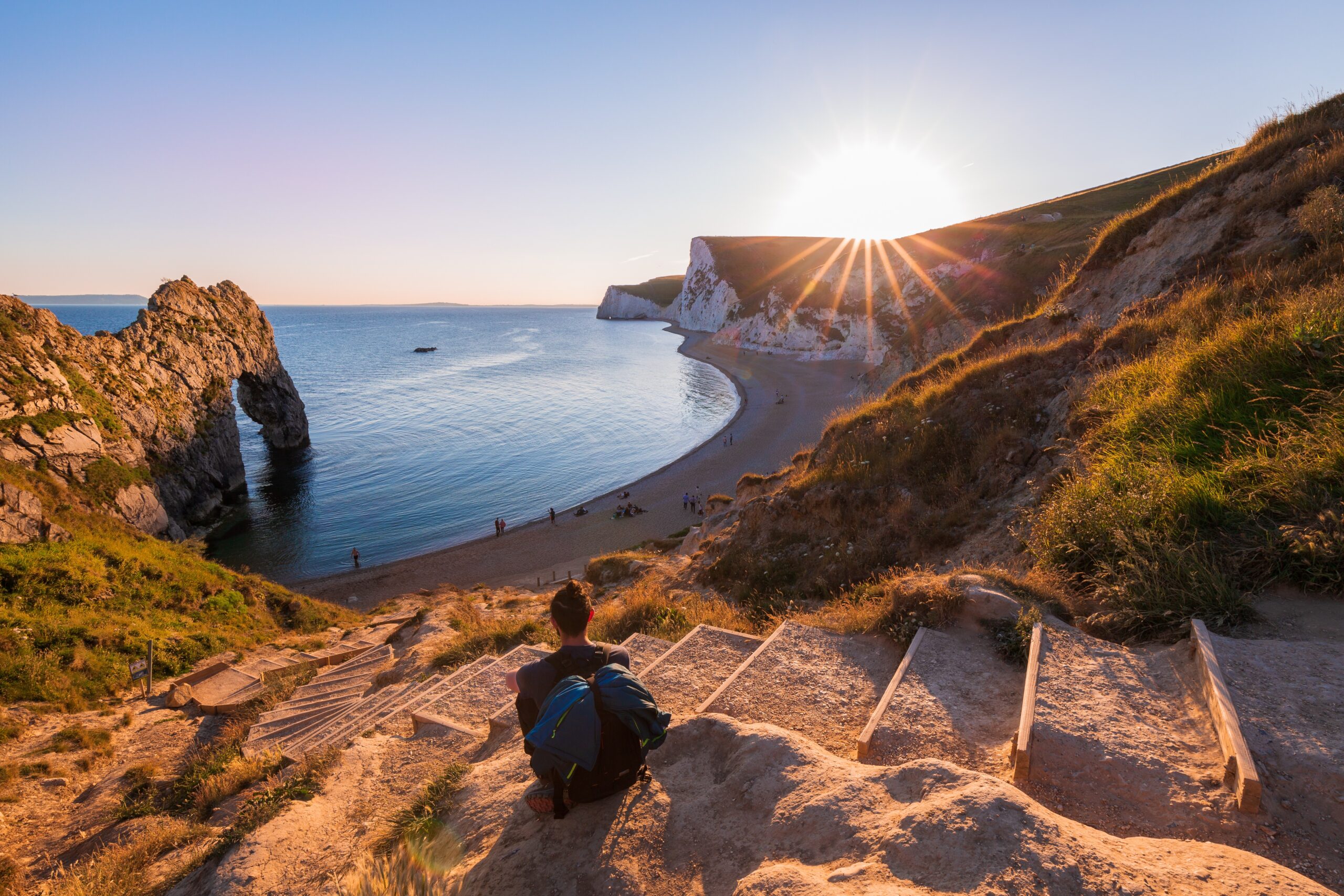 Stone steps on Jurassic Coast cliff path showing erosion management and sustainable access at Durdle Door