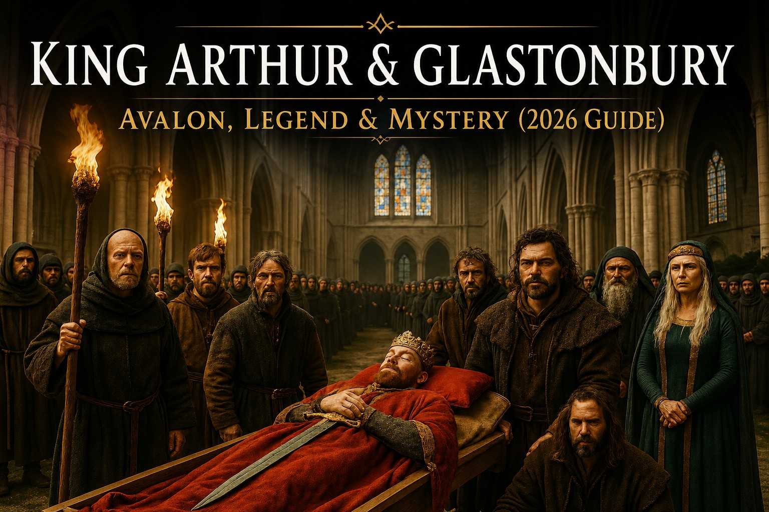 King Arthur funeral scene in Glastonbury Abbey with monks and mourners, illustrating the Avalon legend and Arthurian mythology in England