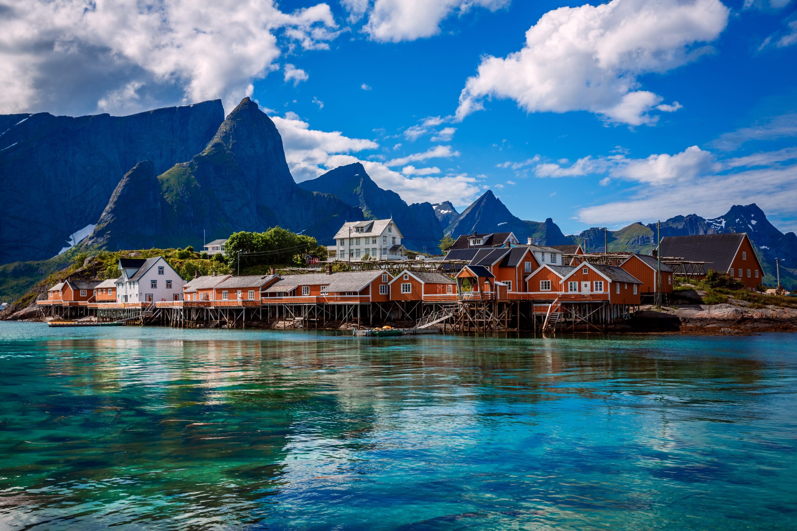 Lofoten Islands Norway fishing village with fjords mountains and coastal scenery