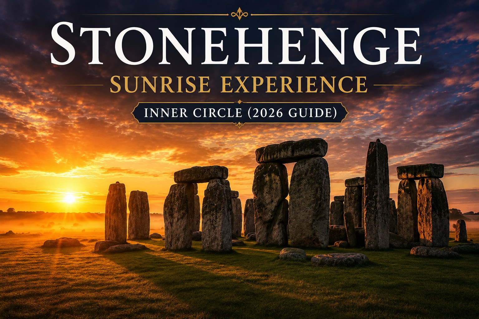 Stonehenge at sunrise with mist and golden light, ancient stone circle in England