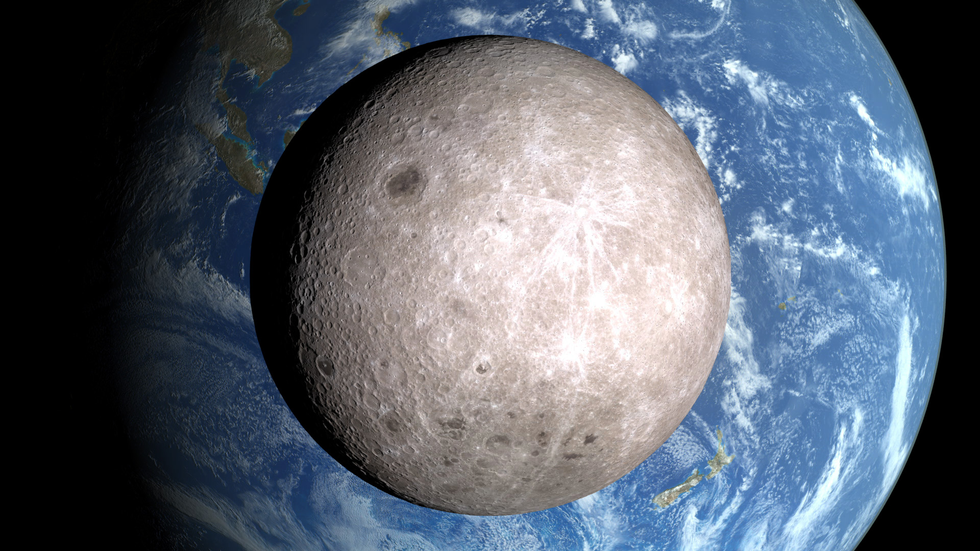 Moon passing in front of Earth during lunar flyby seen from space Artemis II mission