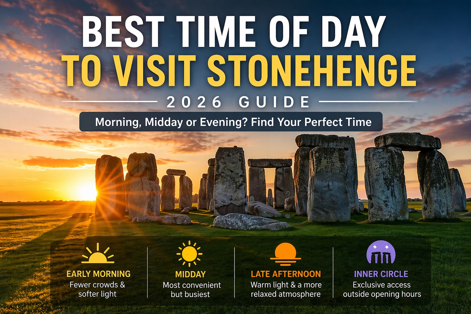 Best time of day to visit Stonehenge comparison showing morning midday and late afternoon with differences in crowds lighting and atmosphere