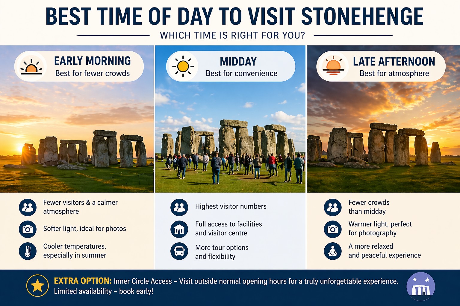 Comparison of early morning, midday and late afternoon at Stonehenge showing differences in crowd levels and lighting conditions