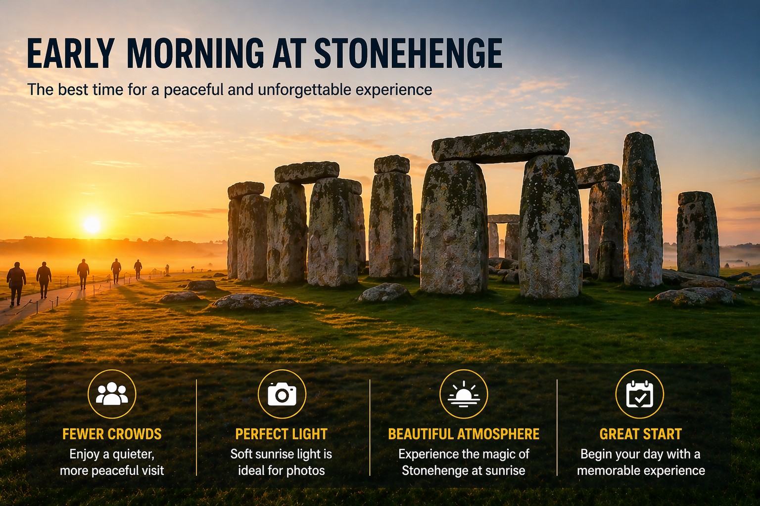 Early morning at Stonehenge with soft sunrise light and minimal crowds creating a शांत and peaceful atmosphere