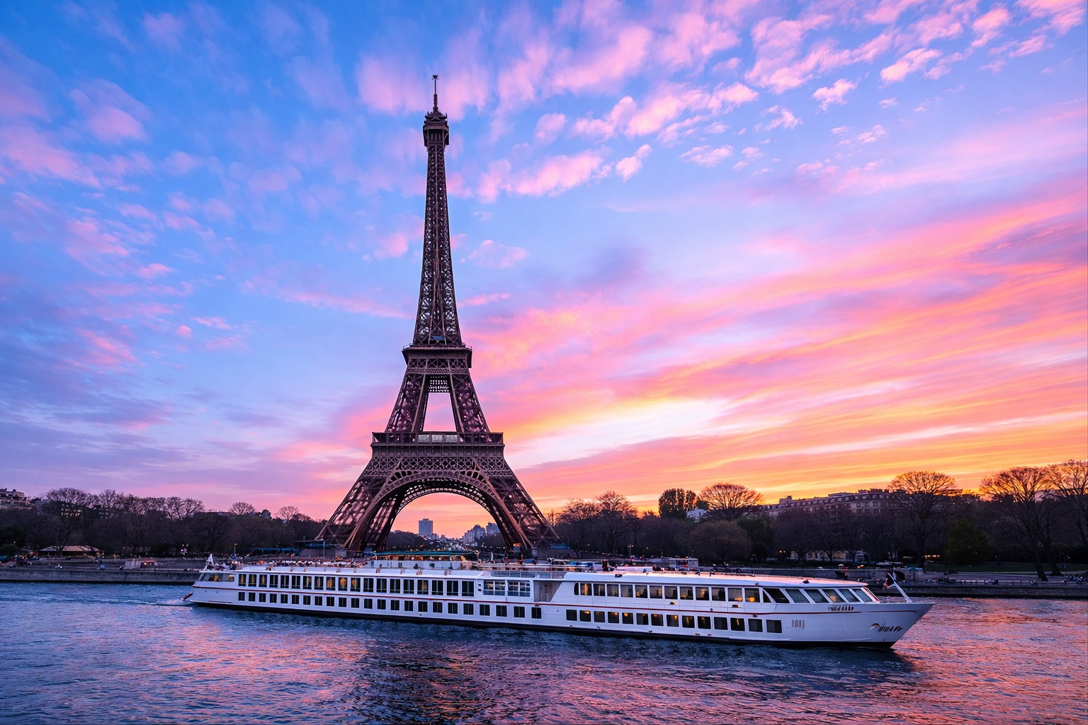 Eiffel Tower at sunset with Seine river cruise ship in Paris wide panoramic view