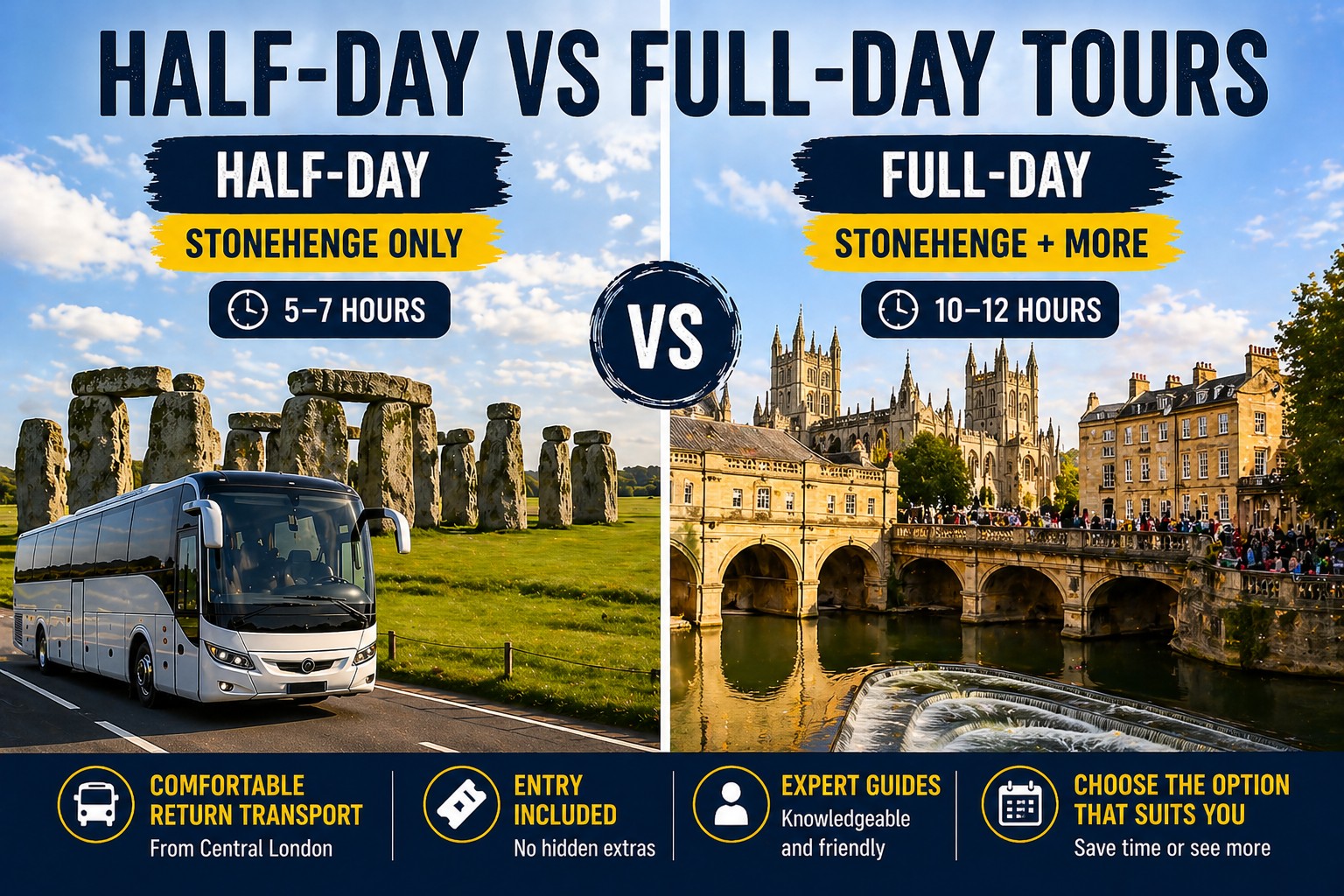 Half-day vs full-day Stonehenge tours comparison showing Stonehenge and Bath from London