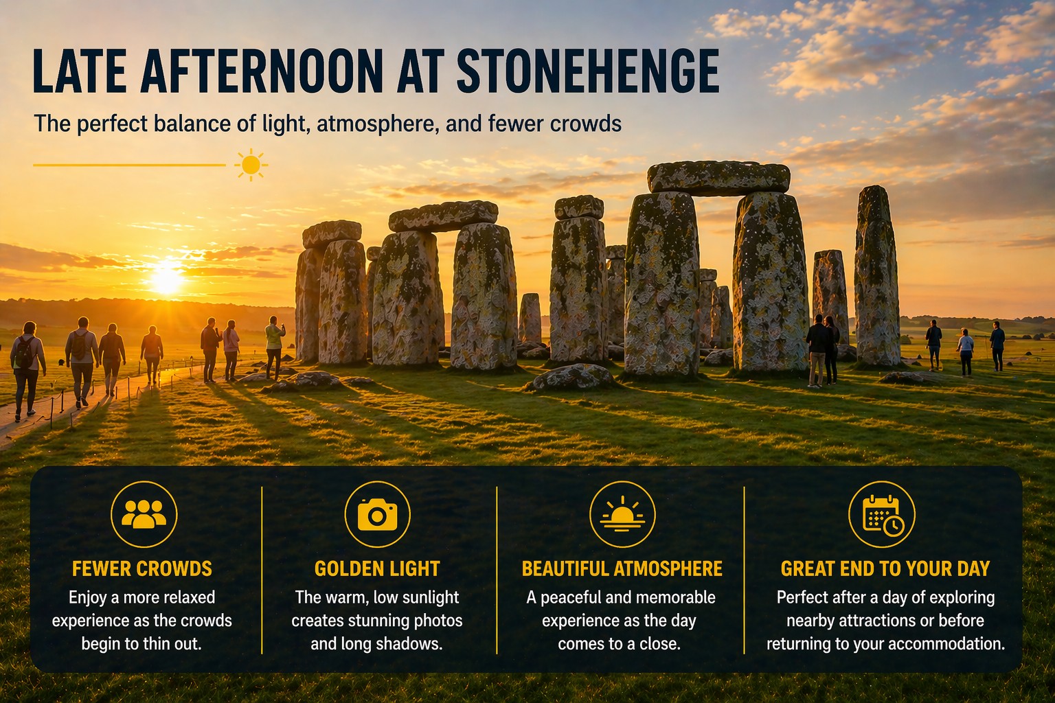 Late afternoon at Stonehenge with warm golden light and fewer visitors creating a calm and atmospheric experience