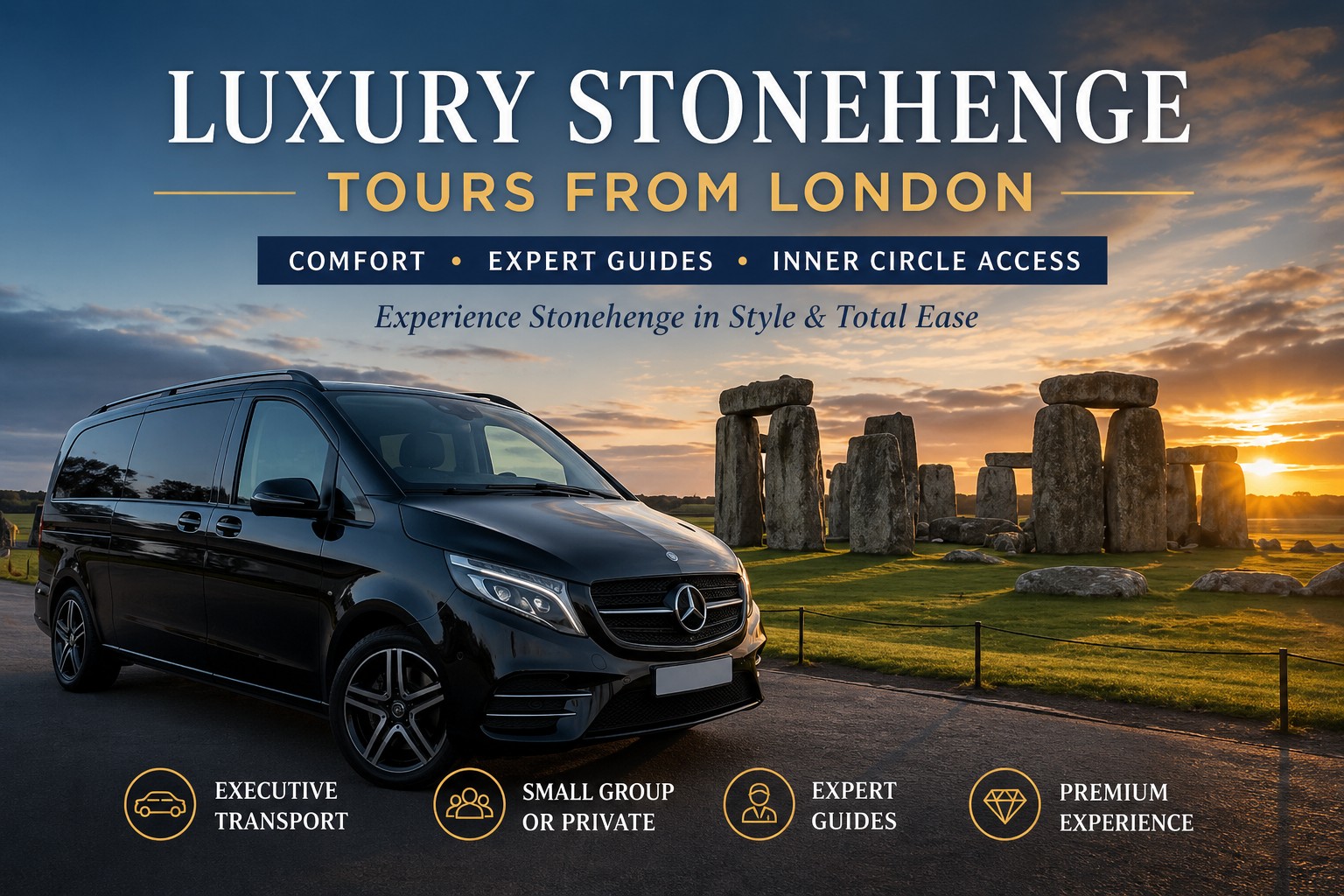 Luxury Stonehenge tours from London with executive vehicle and sunset view of Stonehenge