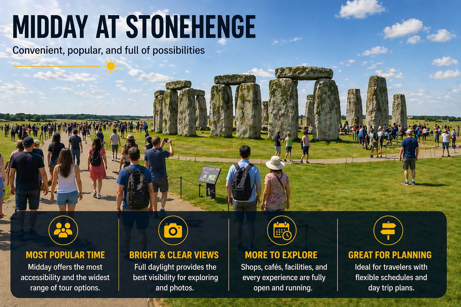 Stonehenge during midday with bright daylight and higher visitor numbers showing a busy but accessible experience