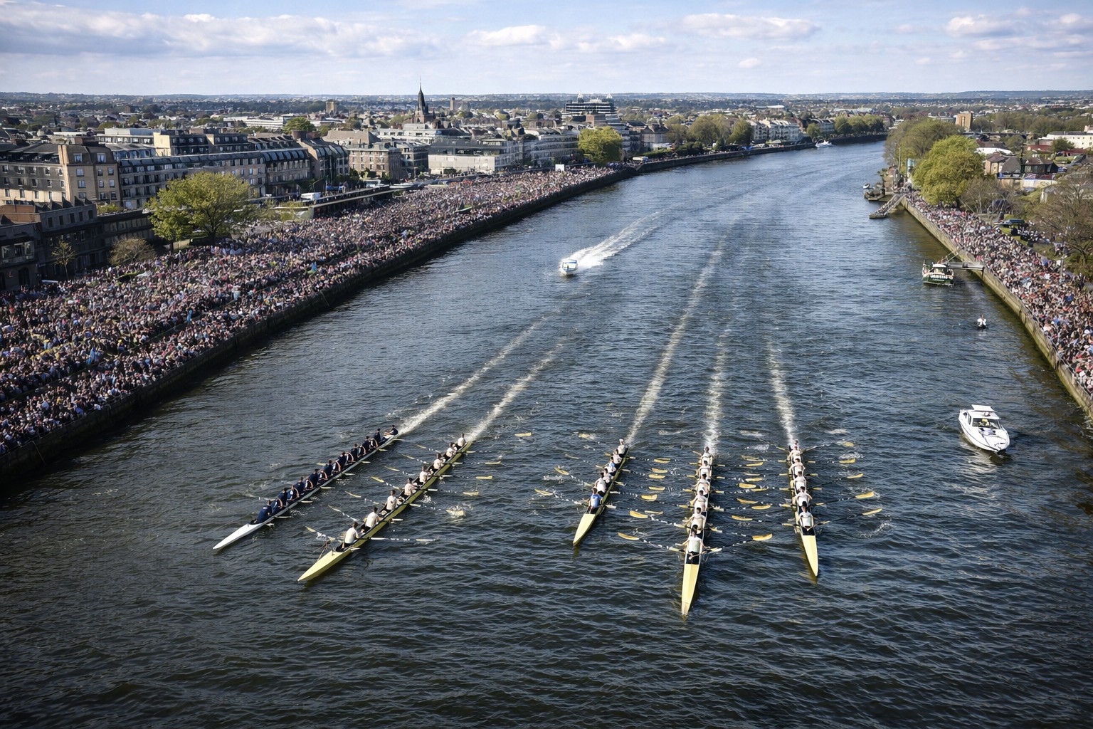 Oxford vs Cambridge Boat Race aerial view on the River Thames with crowds along both banks in London