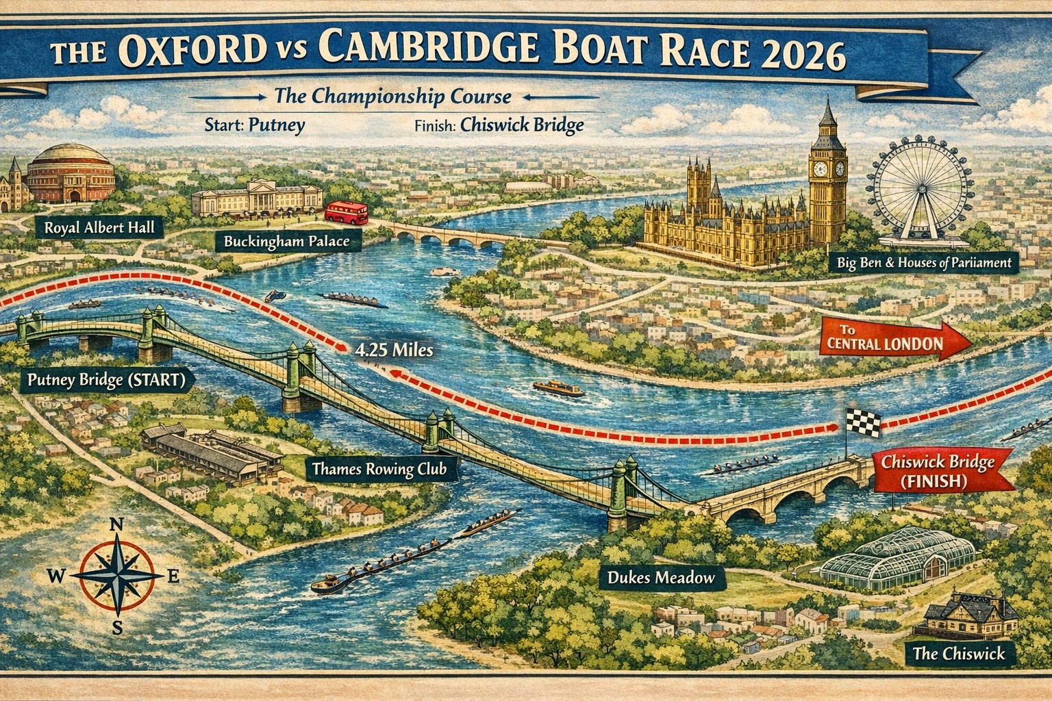 Oxford vs Cambridge Boat Race 2026 map showing detailed Thames route from Putney Bridge to Chiswick Bridge with London landmarks