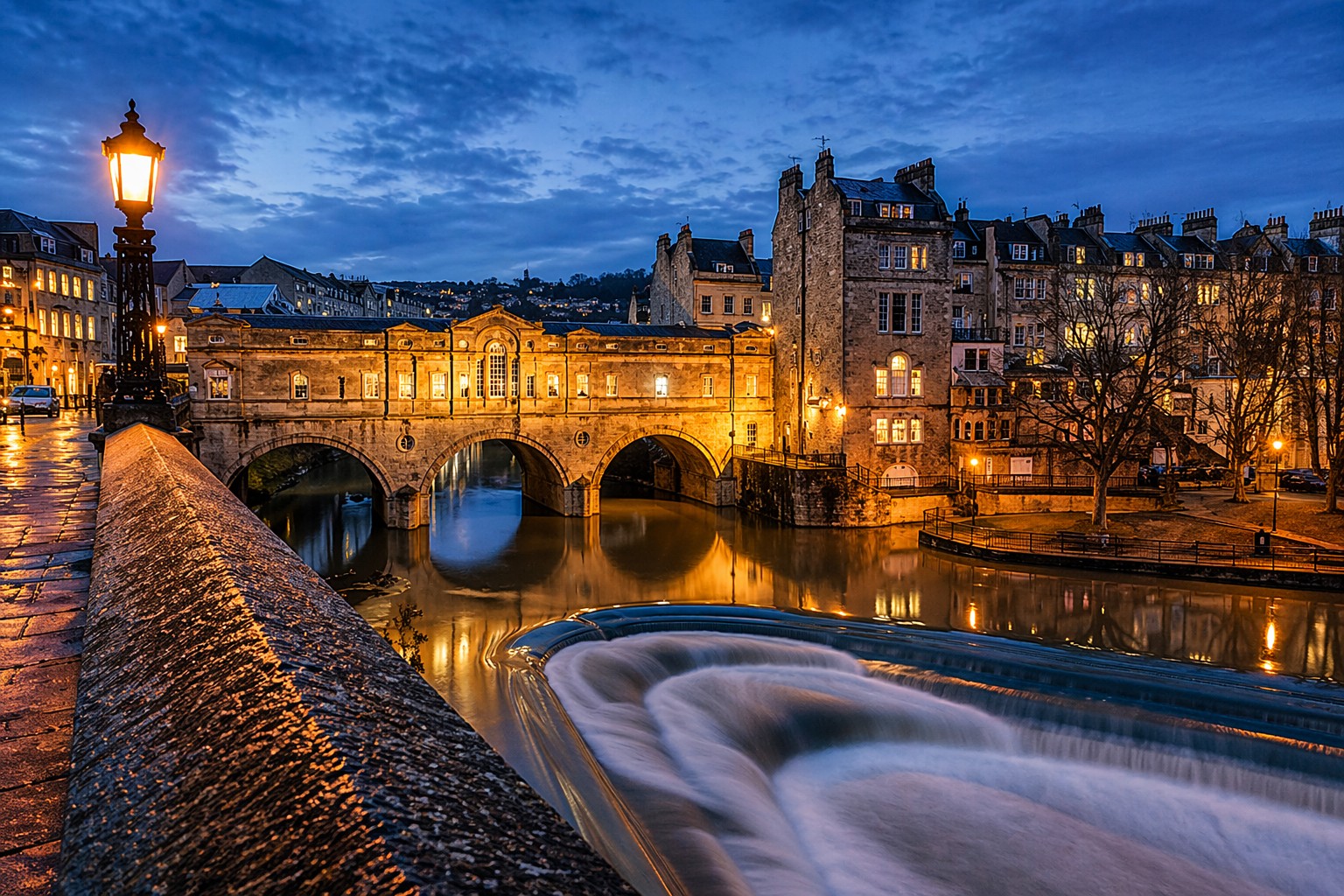 Pulteney Bridge Bath at dusk River Avon long exposure England