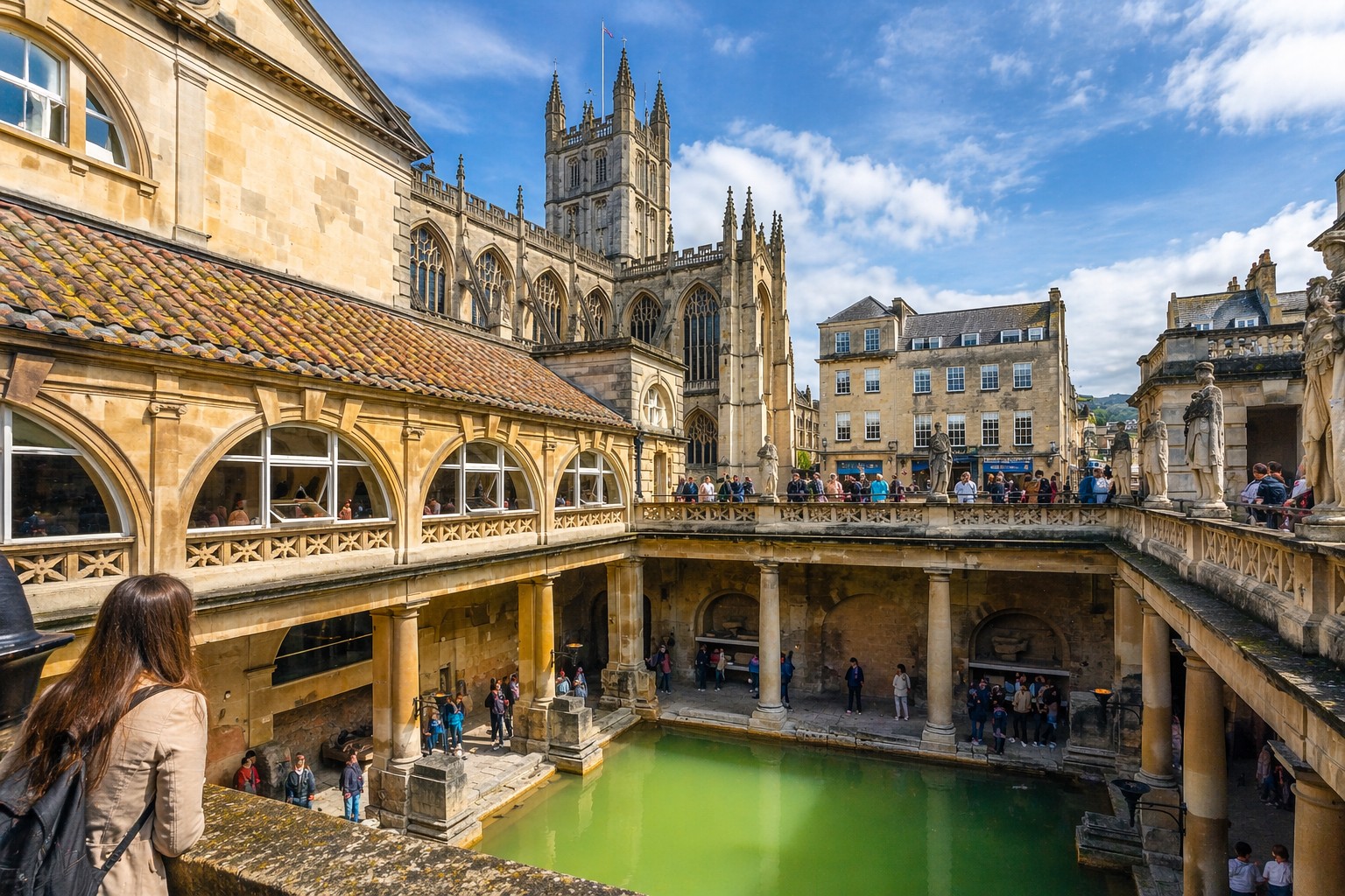Visitors exploring the Roman Baths in Bath during a Stonehenge and Bath day trip from London