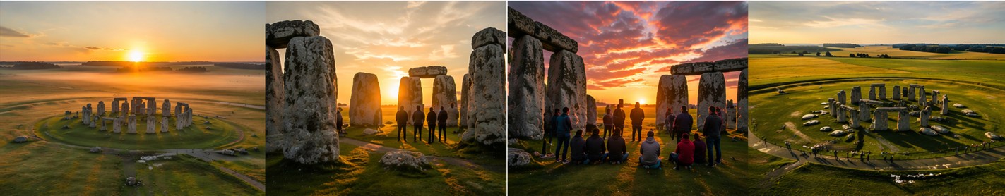 Stonehenge Inner Circle access collage showing sunrise, sunset, inside the stones and aerial view