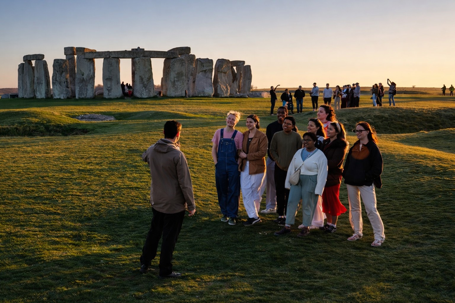 Stonehenge guided tour group at sunset with visitors listening to a guide in front of the stone circle in England