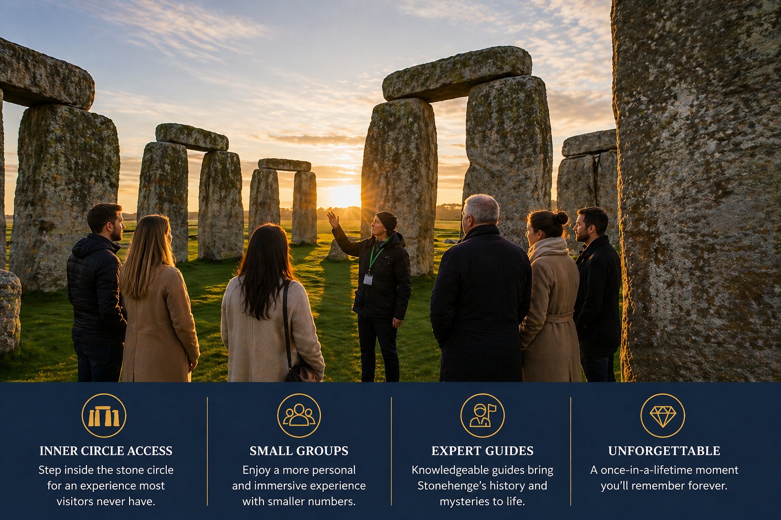 Stonehenge Inner Circle access experience with small group inside the stone circle at sunrise