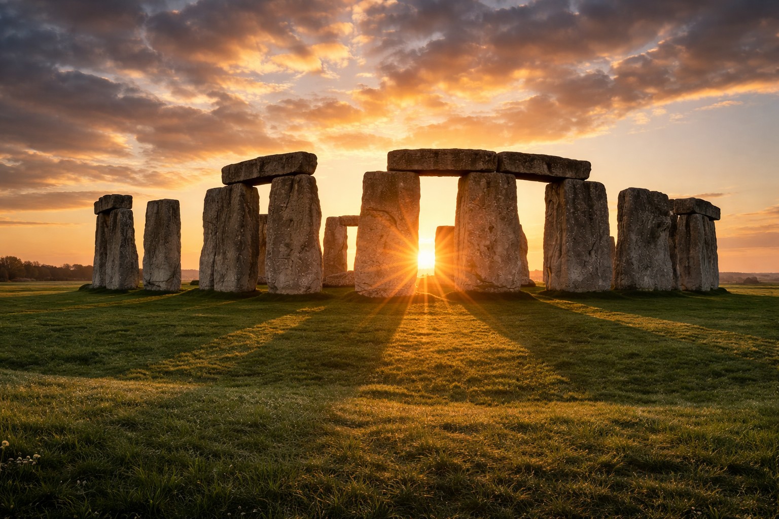 Stonehenge at sunrise with golden light shining through the ancient stone circle in Wiltshire England