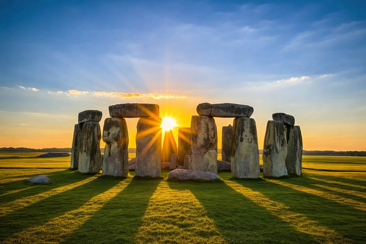 Stonehenge sunrise with sun aligned between the stones casting long shadows across the grass during summer solstice in England