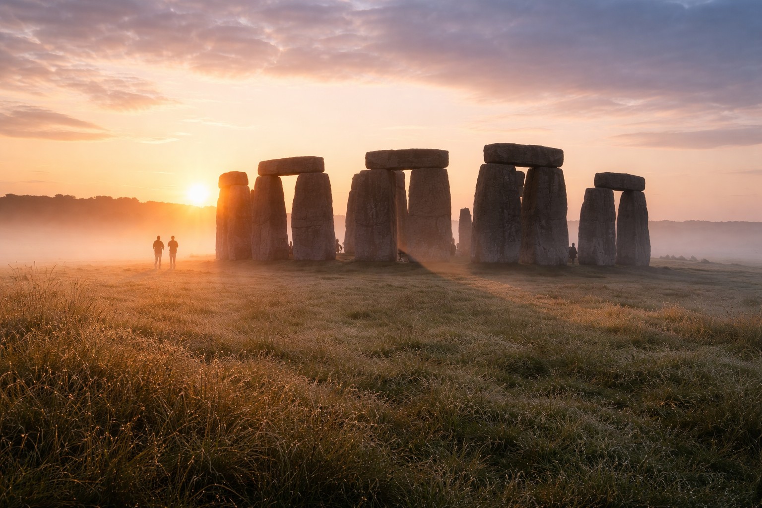 Stonehenge at sunrise with morning mist and soft golden light illuminating the ancient stone circle in Wiltshire England with few visitors