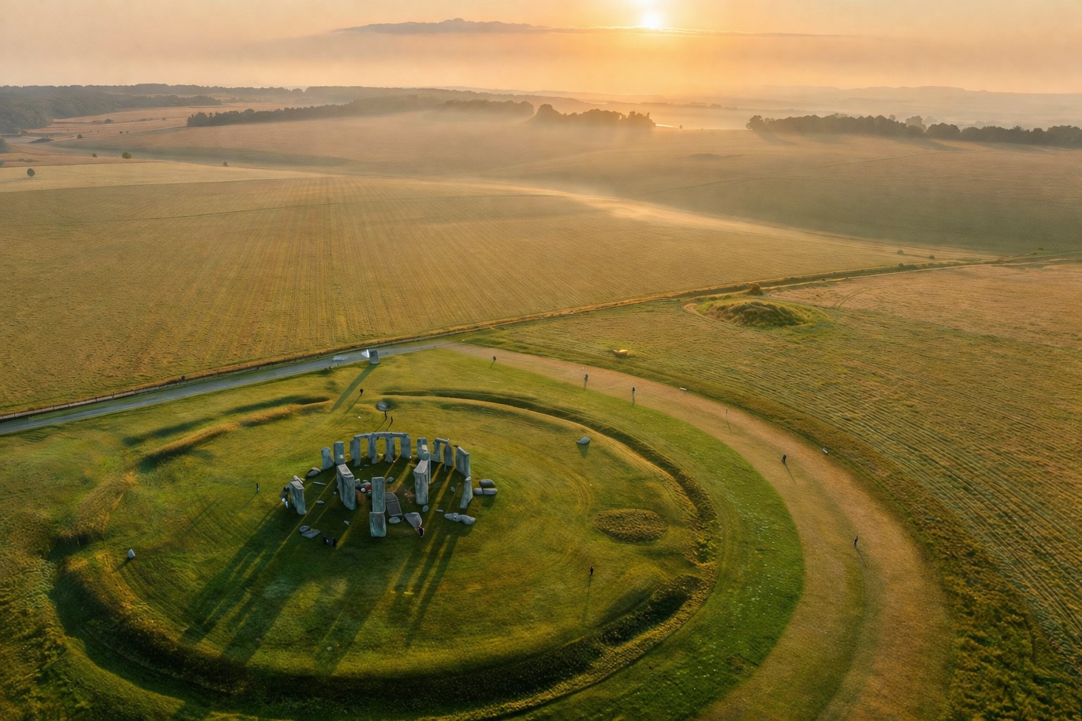Stonehenge at sunrise with mist over Salisbury Plain, showing the ancient stone circle in a wide landscape setting for first-time visitors