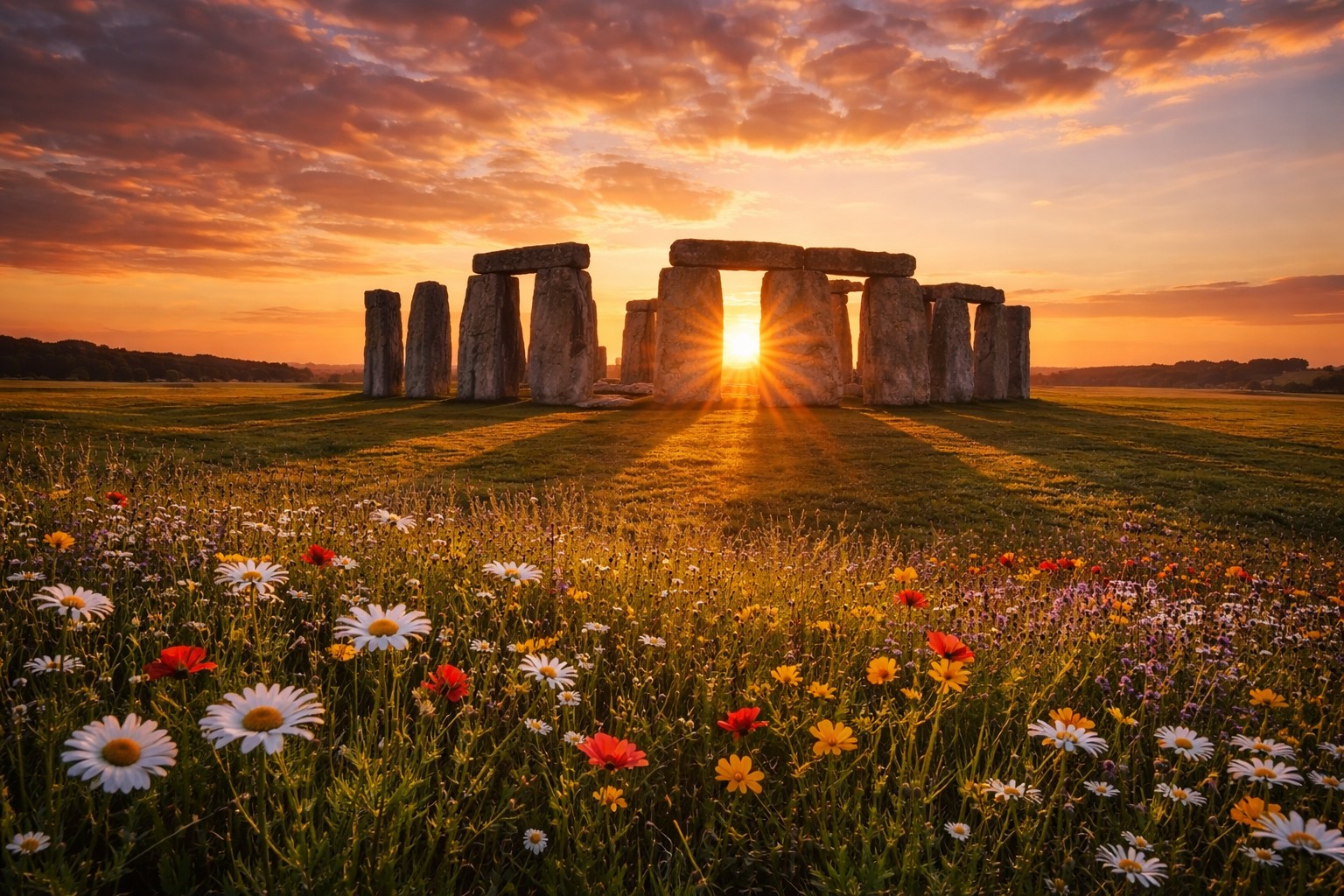Stonehenge at sunset with wildflowers in the foreground and warm golden light over the ancient stone circle in Wiltshire England