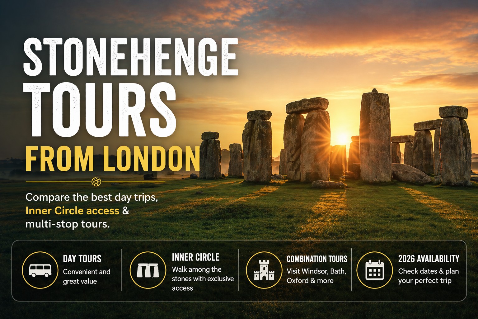 Stonehenge tours from London at sunrise showing ancient stone circle with golden light and misty landscape