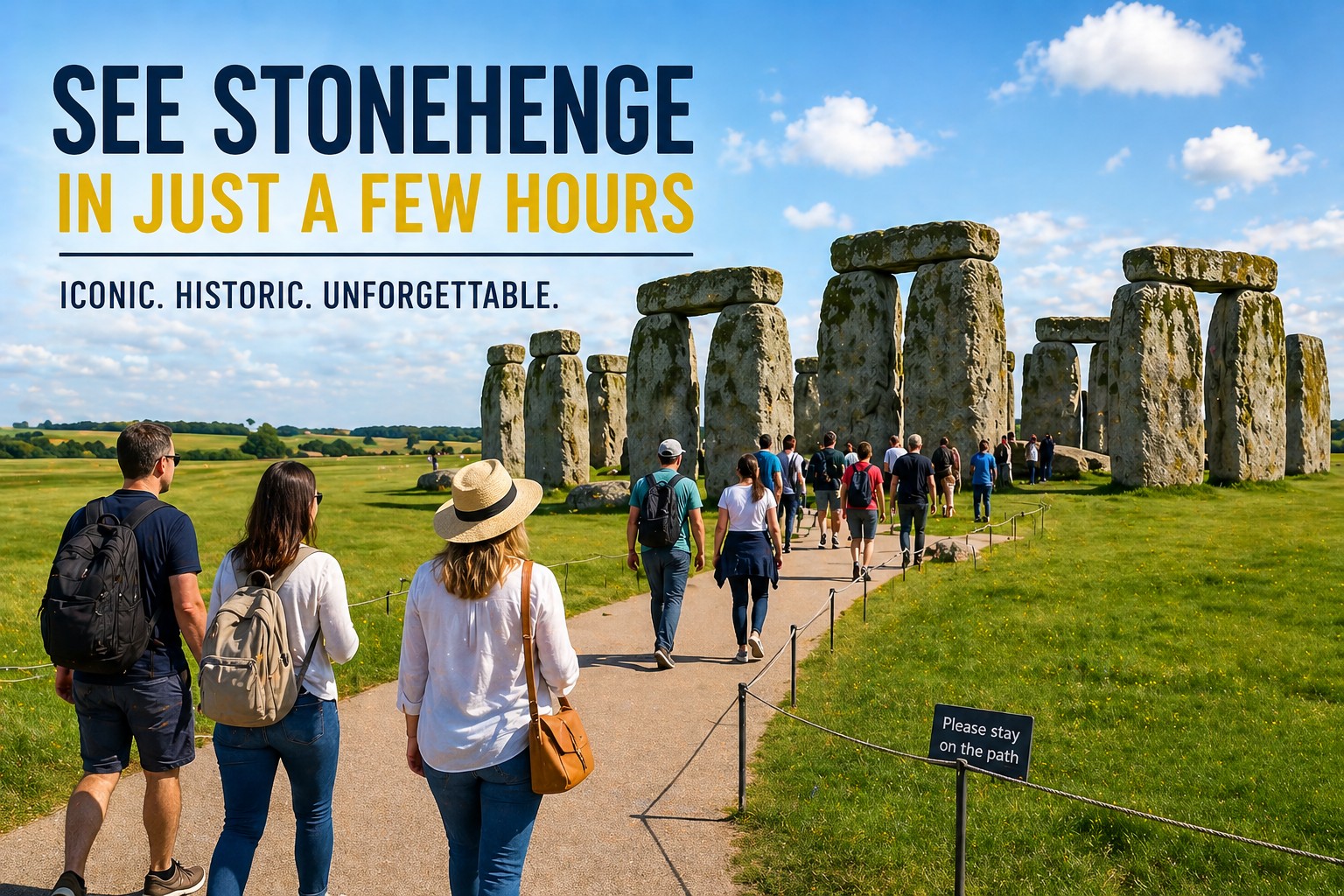 Visitors walking around Stonehenge on a half-day tour from London
