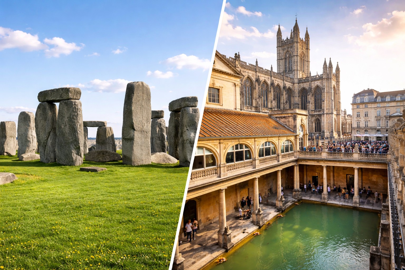 Stonehenge and Bath day trip from London showing the stone circle and Roman Baths in one journey
