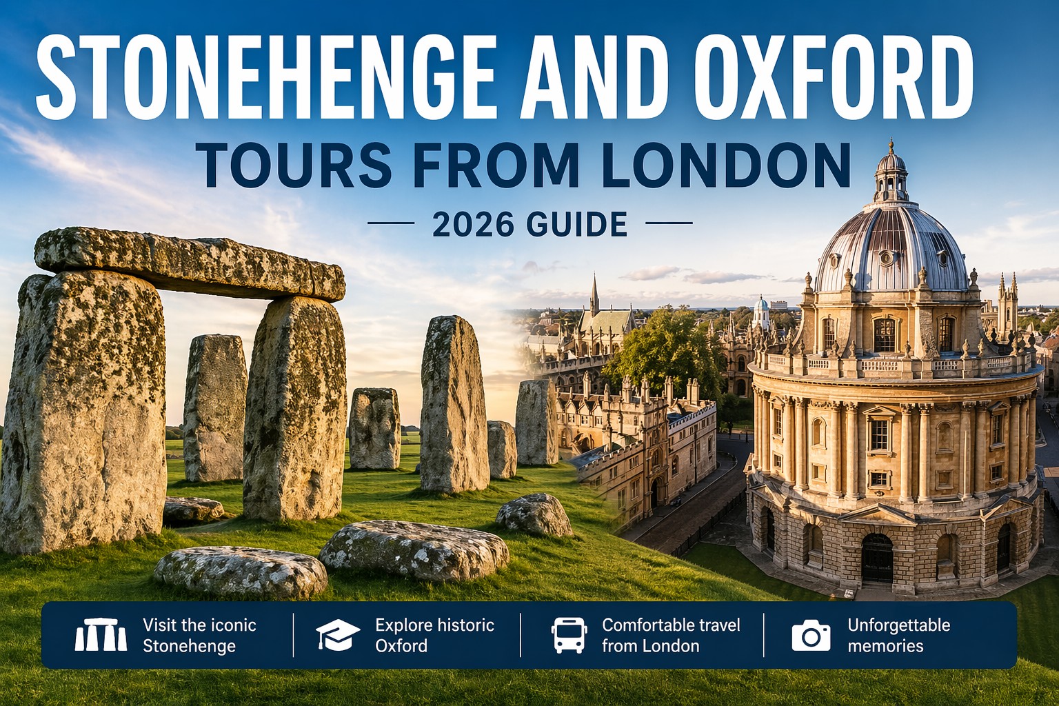 Stonehenge and Oxford skyline combined in a day trip from London, showing the prehistoric stone circle and historic university city