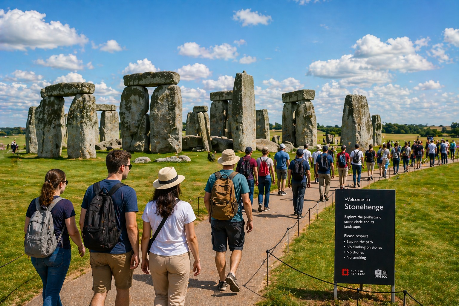 Visitors walking around Stonehenge at sunset during a day trip from London, showing the experience and atmosphere of a guided tour