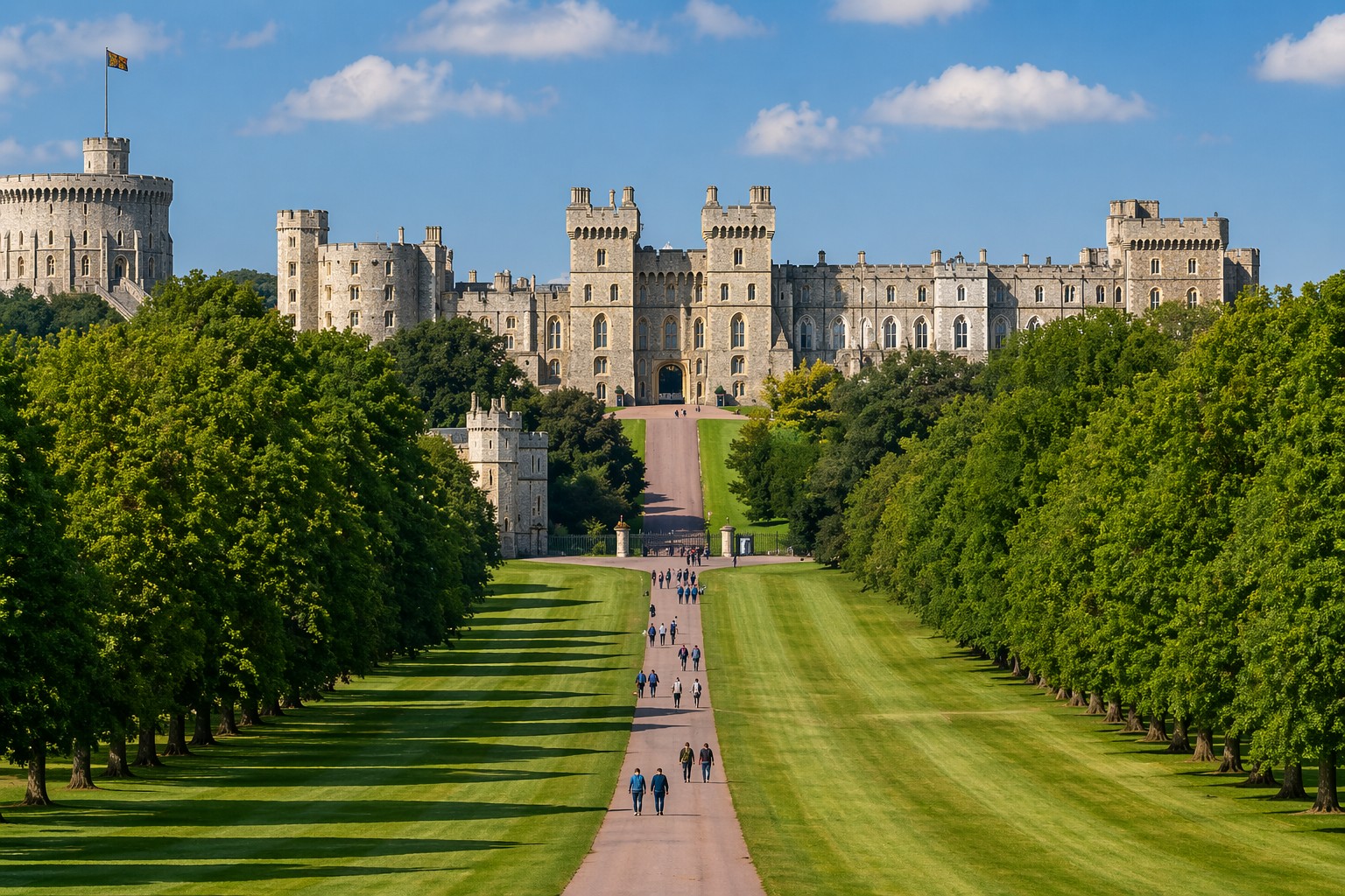 Windsor Castle Long Walk approach view with tree lined avenue England