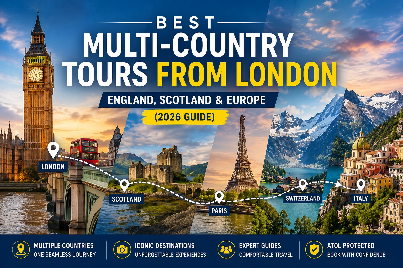 Multi-country tours from London showing Big Ben skyline connecting to Paris Eiffel Tower and European travel destinations