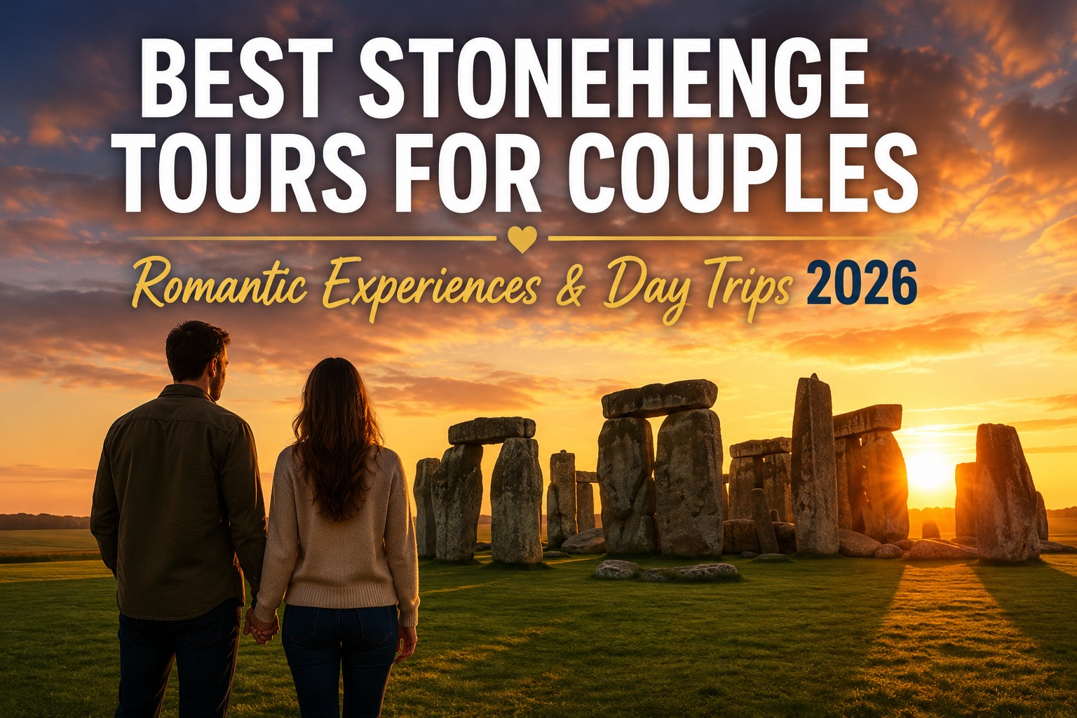 Couple holding hands at Stonehenge during a dramatic sunset, with golden light illuminating the ancient stone circle in Wiltshire, England.