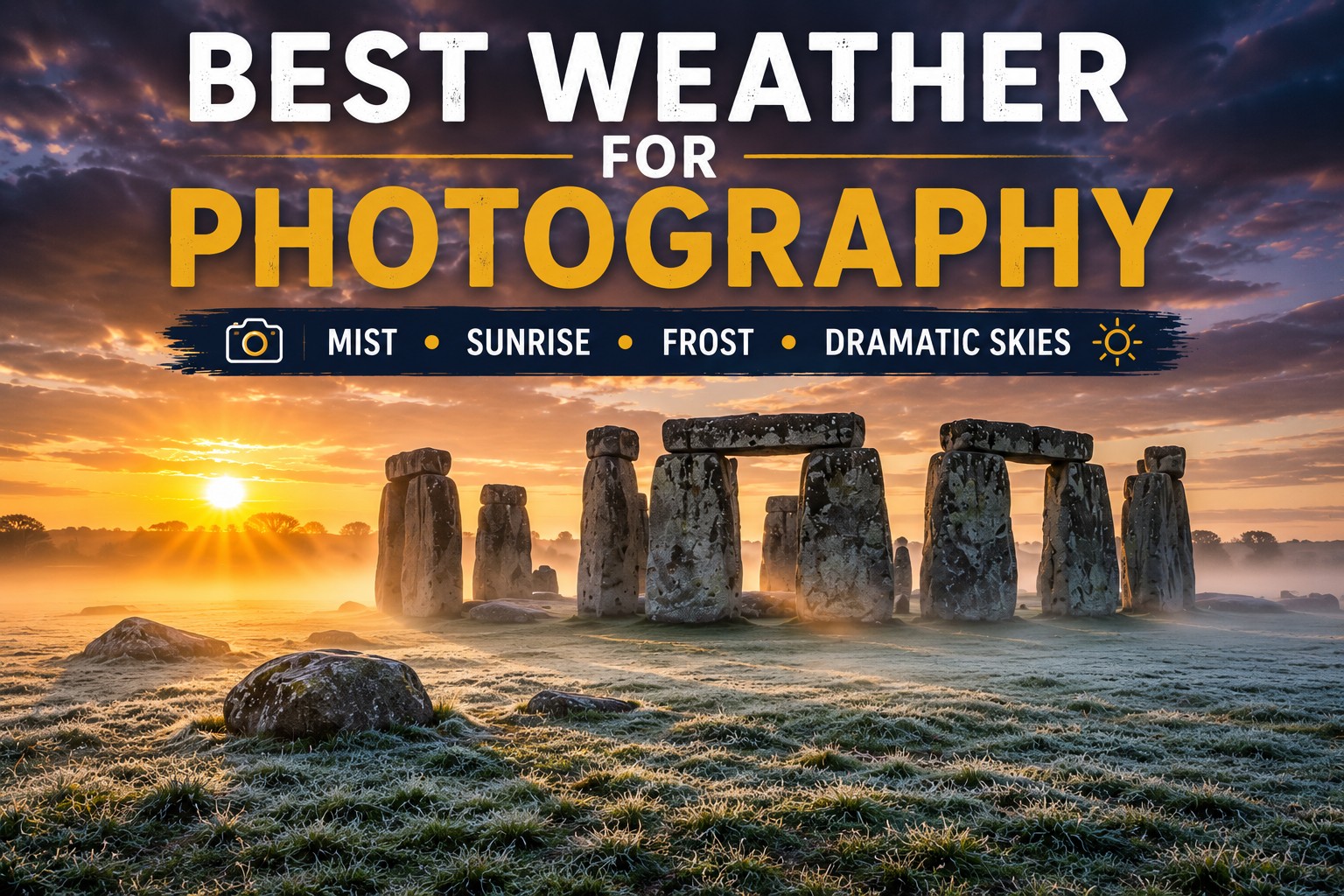 Stonehenge at sunrise with low mist and frost-covered grass, creating ideal conditions for landscape photography.