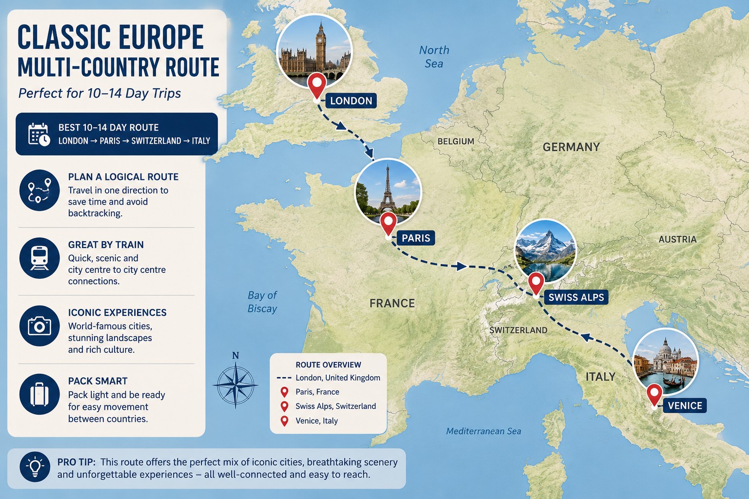 Classic multi-country Europe travel route map showing London, Paris, Swiss Alps and Venice for a 10–14 day itinerary