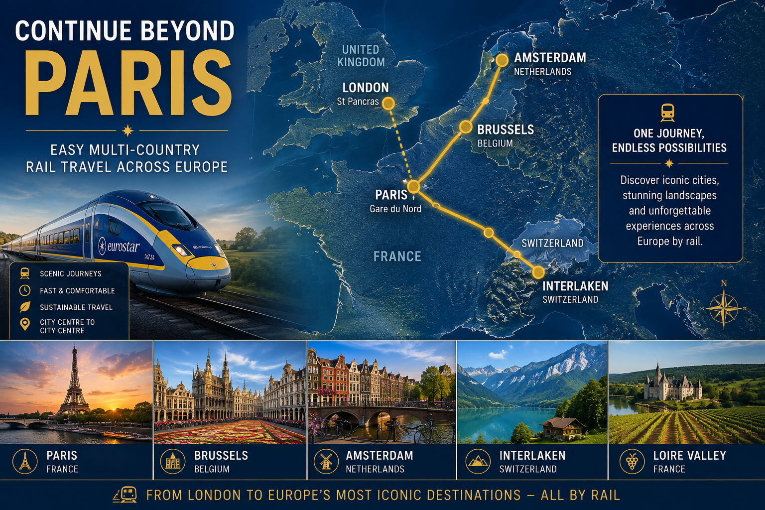 Stylised Europe rail travel map showing Eurostar routes from London and Paris to Brussels, Amsterdam, Switzerland and the Loire Valley for multi-country Europe trips by train