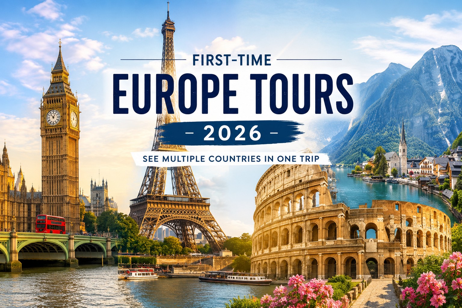 Multi-country Europe travel featuring London Paris and Italy landmarks ideal for first-time visitors