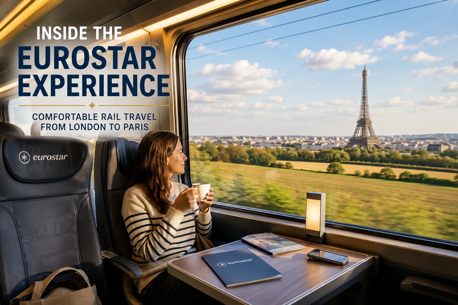 Interior of a Eurostar train travelling from London to Paris with comfortable seating, countryside views and the Eiffel Tower visible in the distance