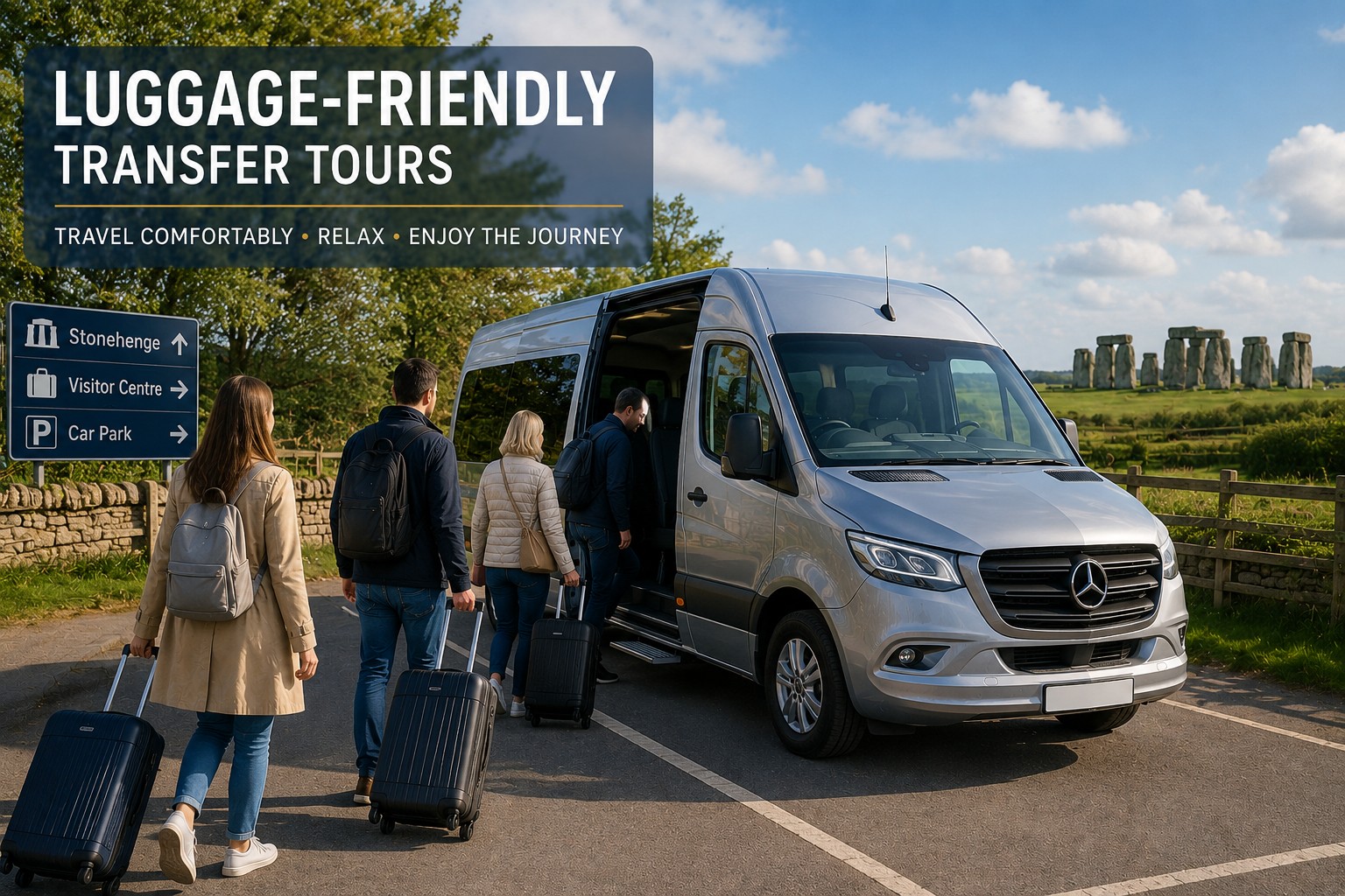 Cruise passengers with luggage boarding a small-group Stonehenge transfer tour vehicle near Stonehenge in England