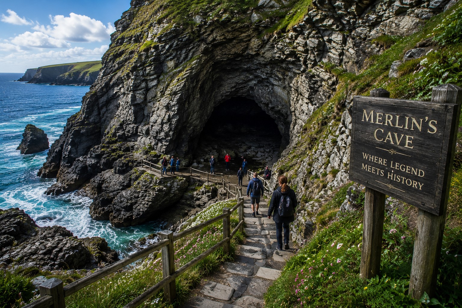 Merlin’s Cave at Tintagel Castle with visitors walking along coastal path in Cornwall