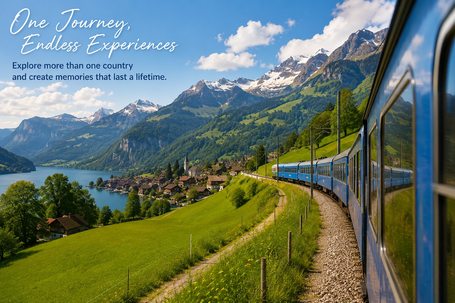 Scenic train journey through the Swiss Alps with lake and mountains representing multi-country Europe travel