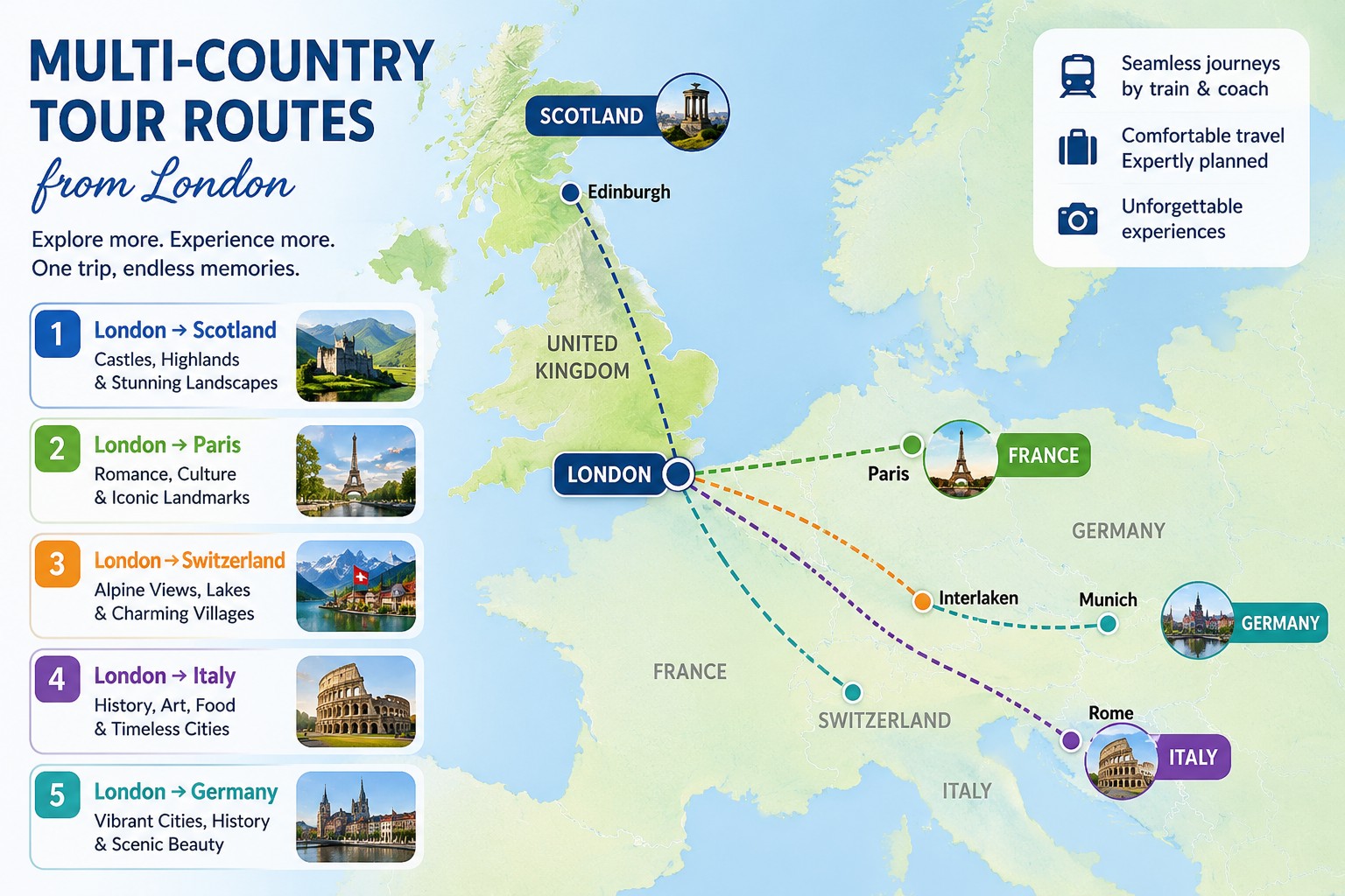 Multi-country travel routes from London to Scotland Paris and Europe destinations