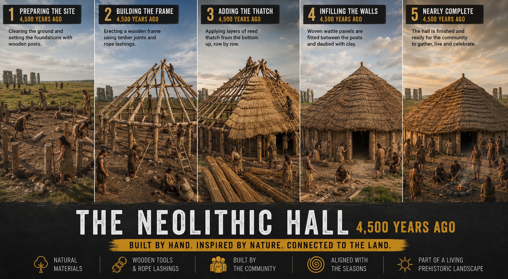 Neolithic Hall construction 4500 years ago showing prehistoric people building timber frame thatching roof and completed hall near Stonehenge using natural materials
