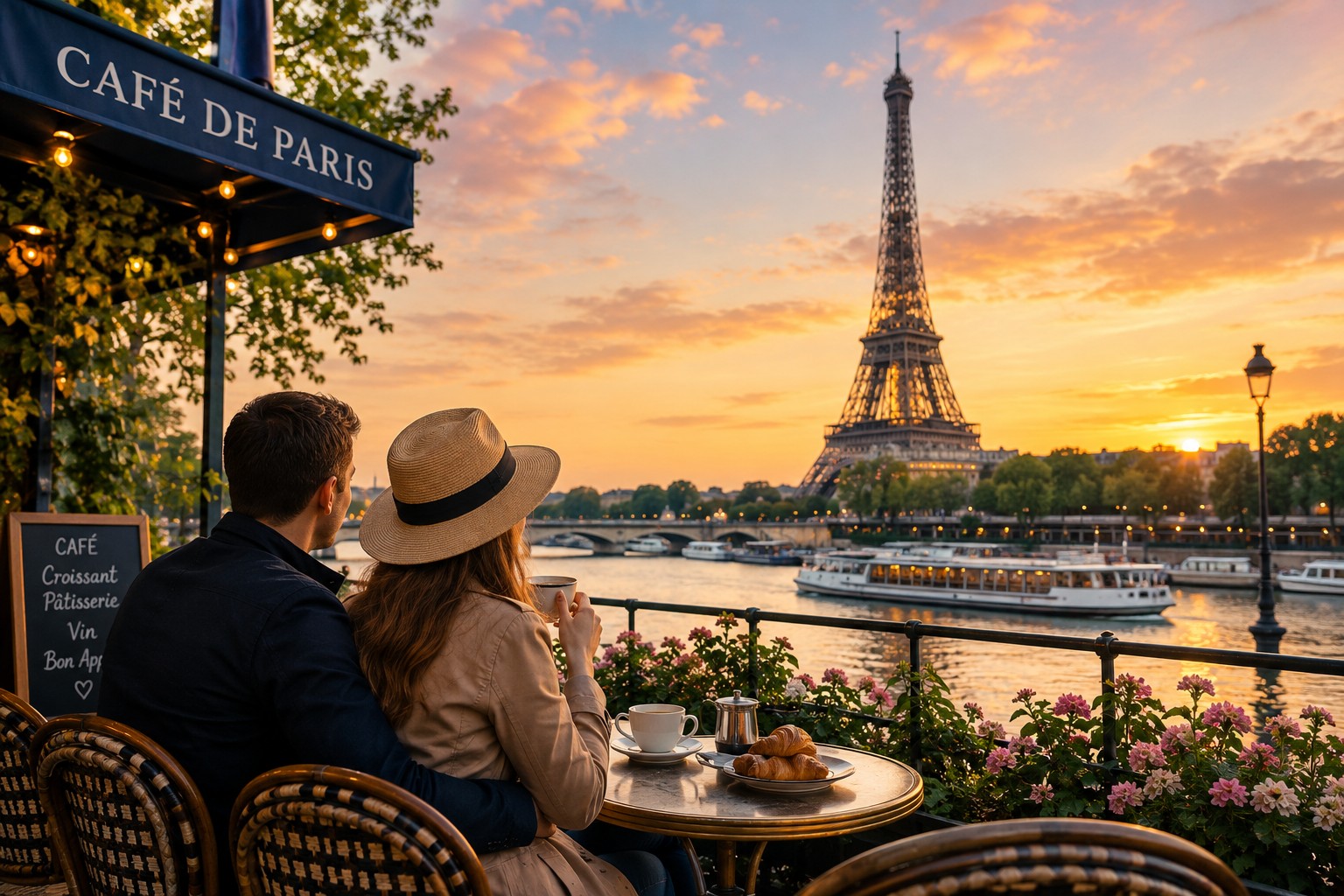 Couple enjoying Paris café with Eiffel Tower at sunset representing multi-country Europe travel experience