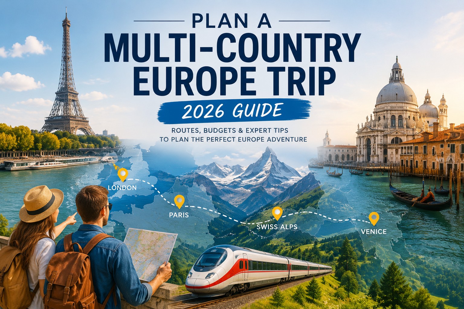 Multi-country Europe trip route map with London, Paris, Swiss Alps and Venice landmarks and travellers planning journey